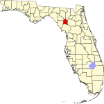 A state map highlighting Gilchrist County in the corner part of the state. It is small in size.