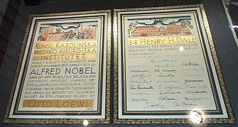Diploma del Premio Nobel de Dale, expuesto en la Royal Society, Londres.