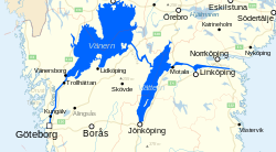 Karta Južne Švedske sa rutom Kanala Gota