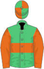 Emerald green, orange hoop, orange sleeves, quartered cap