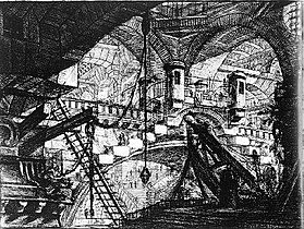 Interior de prisão, gravura pertencente à série de interiores destes edifícios, iniciada por Piranesi aos 20 anos de idade.