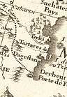 Кумыки, отмеченные дагестанскими татарами на карте 1706 года, с проведённой линией проживания народа — Carte de Tartarie dressee sur les Relation, Paris