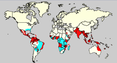 Wereldkaart met de landen waar de Aedes-mug wordt aangetroffen en waar Aedes en dengue zijn gerapporteerd