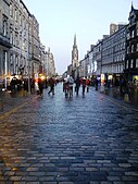 Much of the Royal Mile in Edinburgh, Scotland, is laid with granite setts, as here looking east towards the Tron Kirk.