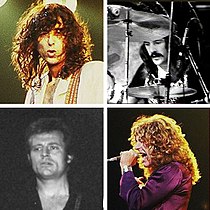 A montage of the four members of Led Zeppelin: Jimmy Page, John Bonham, Robert Plant, and John Paul Jones.