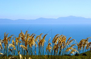 Stewart Island/Rakiura und Foveaux Strait vom Bluff Hill aus gesehen. Die Foveaux Strait befindet sich mitten in den Roaring Forties und ist selten so ruhig