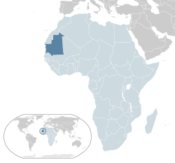 Mauritanian sijainti Afrikassa (merkitty vaaleansinisellä ja tummanharmaalla) ja Afrikan unionissa (merkitty vaaleansinisellä).
