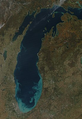 Снимок озера Мичиган, сделанный спутником Aqua 9 октября 2011 года.