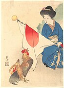 Horoz ve Japon bayrağını tutan kadın
