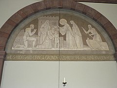 "Wie S. Hildegard Eibingen gründet u. zu Rüdesheim einen blinden Knaben heilten." ("Como santa Hildegarda funda Ebingen y camino a Rüdesheim cura a un muchacho ciego").