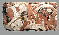 Egyptian relief depicting a battle against West Asiatics. Reign of Amenhotep II, Eighteenth Dynasty, c. 1427–1400 BCE [citation needed]
