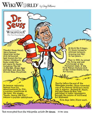 A cartoon shows a bearded man with a red bow tie holding the hat from Dr. Seuss's "The Cat in the Hat".