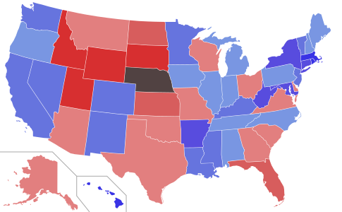 Lower house seats by party holding majority in each state Republican  50–60%  60–70%  70–80%  80–90%  90–100% Democratic  50–60%  60–70%  70–80%  80–90%  90–100%