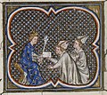 Filips II Augustus ontvangt de pauselijke boodschappers die oproepen op Kruistocht te gaan (Grandes Chroniques de France de Charles V, 14e eeuw).