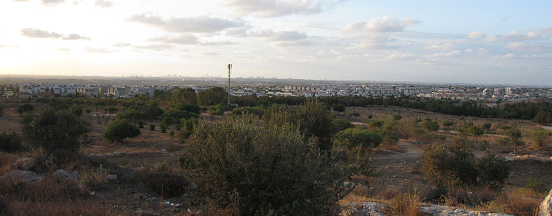 שוהם מגבעת הספלולים בפארק יער שוהם. ברקע נראה קו הרקיע של גוש דן