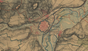 Plan de Toul en 1866 avec position de l'abbaye au Sud-Ouest.