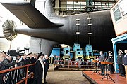 Торжественный спуск атомного подводного многоцелевого крейсера «Северодвинск» на воду.