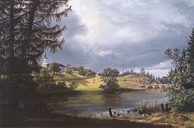Dagens Frognerparken. Frognerdammen med Frogner Hovedgård i bakgrunnen. Romantisk landskapsmaleri av I. C. Dahl fra 1842