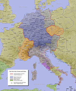 Zemljevid Svetega rimskega cesarstva z mejami iz 972 ter vrisanimi Kranjsko, Koroško in Istrsko marko