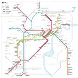 Netwerkkaart van de Straßenbahn Kassel