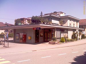 Two-story building with flat roof