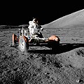 Image 19 Lunar rover Photo credit: Harrison Schmitt Astronaut Eugene Cernan makes a short test drive of the lunar rover (officially, Lunar Roving Vehicle or LRV) during the early part of the first Apollo 17 extravehicular activity. The LRV was only used in the last three Apollo missions, but it performed without any major problems and allowed the astronauts to cover far more ground than in previous missions. All three LRVs were abandoned on the Moon. More selected pictures