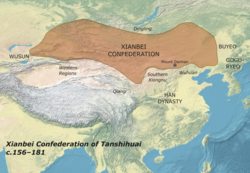 Territory of the Xianbei Confederation under Tanshihuai during the late 2nd century. It spanned from the Liao River in the east to the borders of the Wusun in the west. North of them were the Dingling people that resided south of Lake Baikal.[1][2][3]