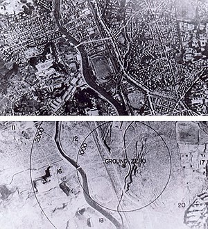שני תצלומים אוויריים של העיר היפנית הטלת הפצצה הגרעינית "איש שמן", ב-9 באוגוסט 1945, ולאחריה.