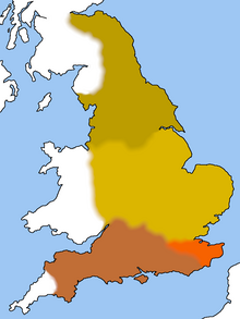 Диалекты древнеанглийского в 800 году.