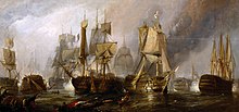 Obraz. Bitwa pod Trafalgarem w 1805 roku. Okręty francuskie i brytyjskie ostrzeliwują się.