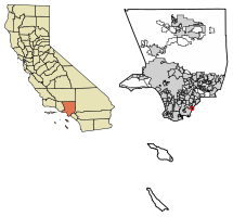 Location of Hawaiian Gardens in Los Angeles County, California.
