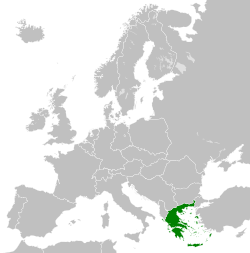 Map of Europe in 1973, showing Greece highlighted in green