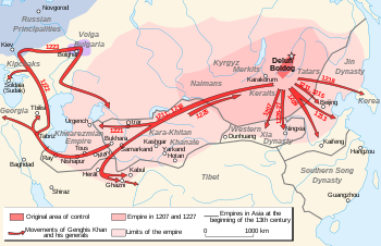1216 ile 1223 arasındaki Orta Asya Moğol seferlerinin haritası.