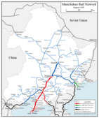 خريطة مانشوكو وشبكة السكك الحديدية بها، حوالي 1945