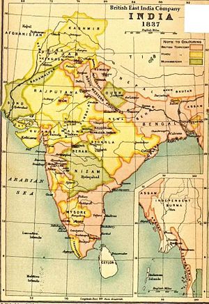 Британская Индия в 1837 году. Территории рода Бхонсле — примерно в центре карты