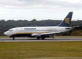 A Ryanair Boeing 737 on the landing roll at Bristol Airport