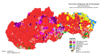 Carte majoritairement rouge (catholique) où apparaissent de nombreuses zones de couleurs, au centre et à l'est.