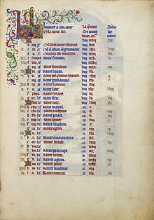 Page manuscrite contenant 6 colonnes de textes et de chiffres rouge et bleu et précédé d'une grande lettrine ornée