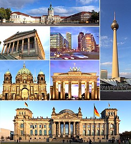 Clockwise:Charlottenburg Palace, Fernsehturm Berlin, Reichstag building, Berlin Cathedral, Alte Nationalgalerie, Potsdamer Platz and Brandenburg Gate.