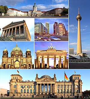מלמעלה בכיוון השעון: ארמון שרלוטנבורג, הפרנזהטורם, בניין הרייכסטאג, קתדרלת ברלין, הגלריה הלאומית, כיכר פוטסדאם ושער ברנדנבורג