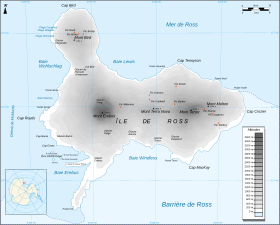 Carte de l'île de Ross montrant le cap Royds, son extrémité occidentale.