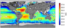 Global salinity map (Aug.–Sept. 2010 & 2011) produced by the ESA's Soil Moisture and Ocean Salinity satellite. Released 2012.