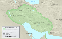 Büveyh hanedanının kontrolü altındaki üç emirliğin haritası, yaklaşık 970