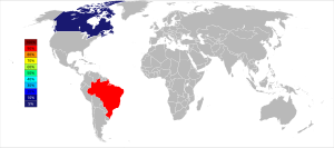 Grey e white world map with Brazil colored red representing 90% of niobium world production and Canada colored in dark blue representing 5% of niobium world production