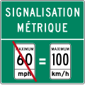 Skilt som viser at farts­grensene i Québec er angitt i kilometer per time (km/t).