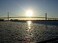 Le pont et la rivière Détroit embaclée de glace