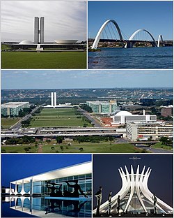 From upper left: National Congress of Brazil, Juscelino Kubitschek bridge, Monumental Axis, Palácio da Alvorada and Cathedral of Brasília.