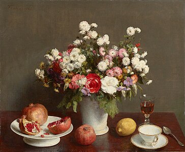 Still Life with Flowers, Fruits, Wineglass and Tea Cup, Henri Fantin-Latour