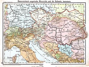 Austro-Ungaria cu Cisleithania (galben), Transleithania (roz) și Bosnia-Herțegovina (portocaliu), în D.H. Lange: Volksschul-Atlas. 1899
