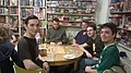 ELiSo members Chuck Smith, Brion Vibber, Juan Quintero Santacruz and Bekhruzbek Ochilov are playing table games in Berlin